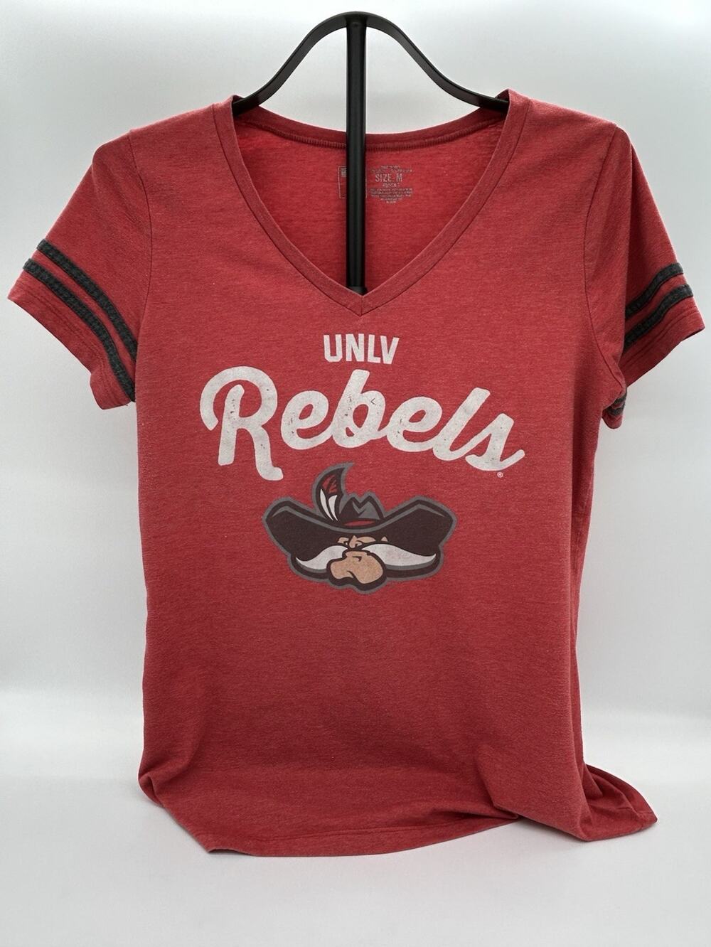 UNLV Rebels Women’s V-Neck T-Shirt Size M Red Striped Sleeves Hey Reb